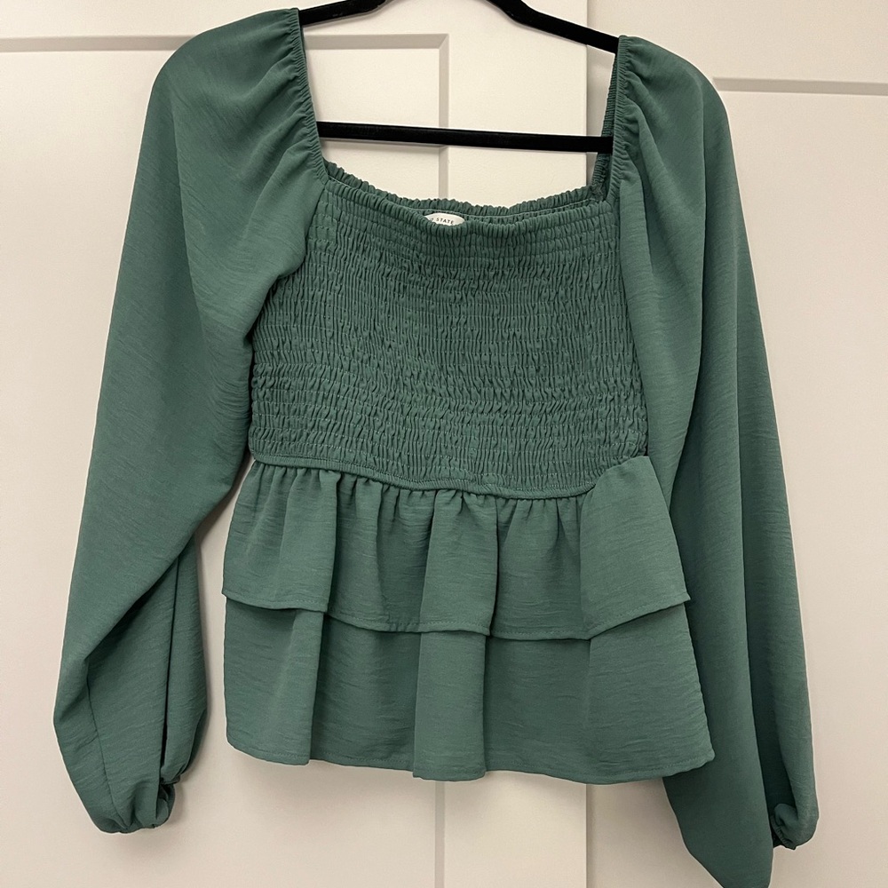 Altar'd State Green Smocked Square Neck Ruffle Peplum Blouse Long Sleeve Size M